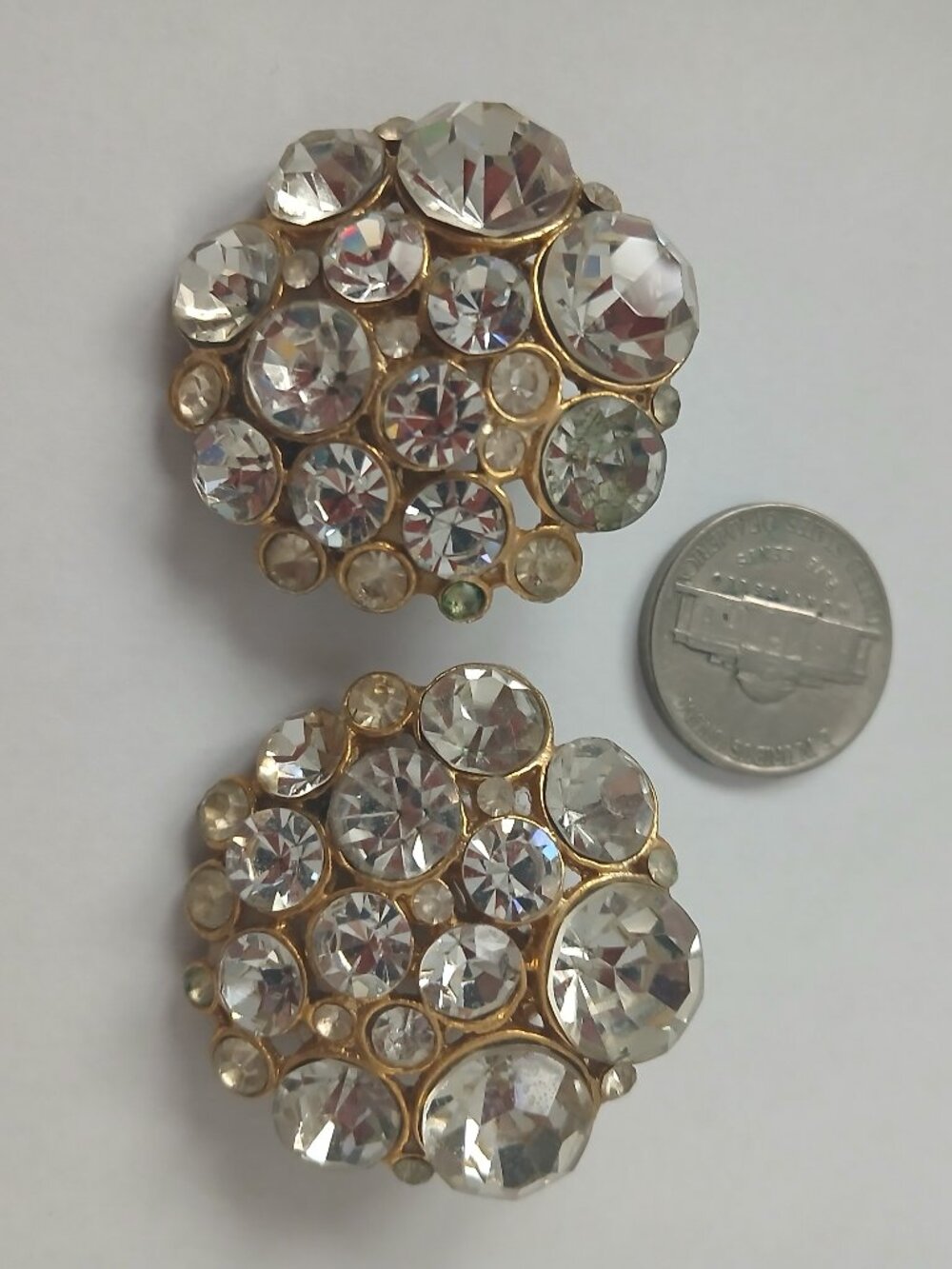 Vintage Sparkly Clear Crystal LARGE Round Button Earrings Gold Clip-on 1.25" D